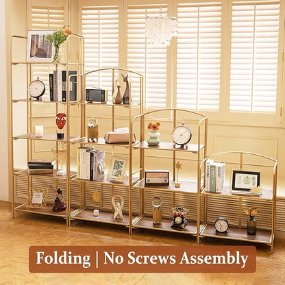Crofy No Assembly Folding Bookshelf for Living Room, 4 Tier Gold Collapsible Book Shelf for Home Office, Portable Bookcase Storage Organizer