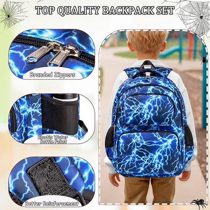 Kids Backpack Boys Lightning Backpack with Lunch Box Kindergarten Elementary Middle School Travel Sport Blue Bookbag for Boys Ages 4-14, Flash Lightning-Blue