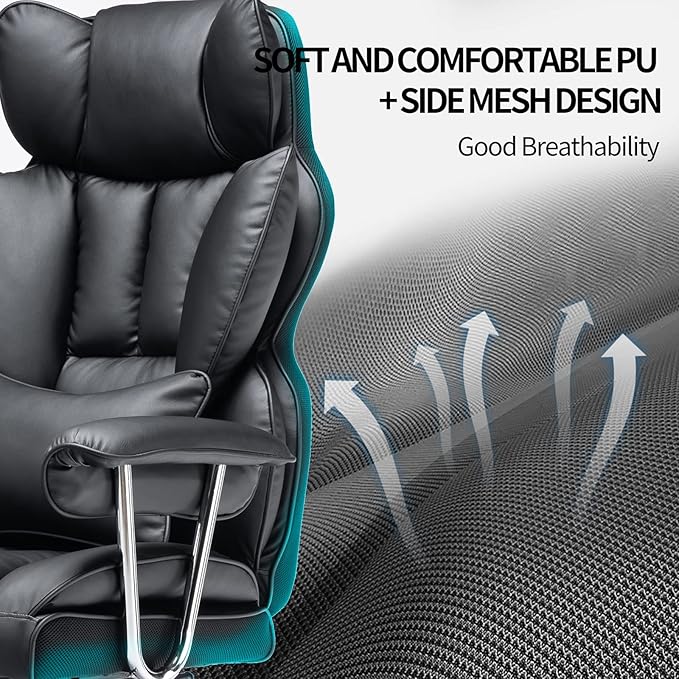 Efomao Desk Office Chair 400LBS, Big and Tall Office Chair, PU Leather Computer Chair, Executive Office Chair with Leg Rest and Lumbar Support, Black Office Chair