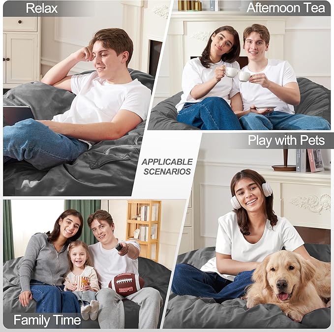 Homguava 4 FT Bean Bag Chair: 4' Bean Bags with Memory Foam Filled, Large Beanbag Chairs Soft Sofa with Dutch Velvet Cover-Grey