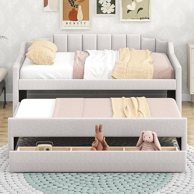 Twin Size Upholstered Daybed with Trundle and Three Lower Drawers,Linen Sofa Bed for Apartment Living Room Guest Room,Solid Wood Trundle Day Bed Frame, No Box Spring Needed,Beige