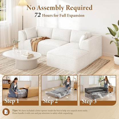 Vesgantti 106" Modular Sectional Sofa with Chaise, Deep Seat Comfy Cloud Couch Corduroy L Shaped Sofa Sectional Couches for Living Room Bedroom, No Assembly Required (Beige, Right-Facing Chaise)