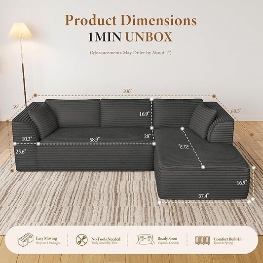 Vesgantti 106" Modular Sectional Sofa with Chaise, Deep Seat Comfy Cloud Couch Corduroy L Shaped Sofa Sectional Couches for Living Room Bedroom, No Assembly Required (Grey, Right-Facing Chaise)