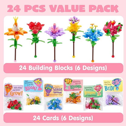 JOYIN 24 Pcs Valentine's Day Flower Bouquet Building Blocks with Cards, 6 Flower Block Designs with 6 Matching Tags, Valentines Day Gifts for Kids School Classroom Exchange Prize Party Favor
