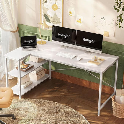 Huuger L Shaped Desk, 55 Inches Computer Desk with Reversible Storage Shelves, for Gaming Corner Home Office Writing Study, Metal Frame, White