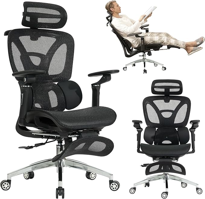 Ergonomic Mesh Office & Gaming Chair with Footrest, High Back Home Office Desk Chair, Comfortable 3D Lumbar Support, 130° Tilt, Adjustable Seat Depth, Adjustable 6D Armrest & 3D Headrest