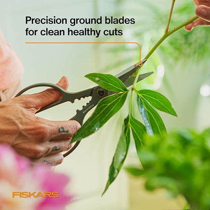 Fiskars Shaper Plant Shears, Precision Indoor Gardening Snips with Storage Caddy, Forged Stainless Steel Blades for Clean Cuts on Broad Leaves, Ambidextrous Handles & Stem Stripper, 6"