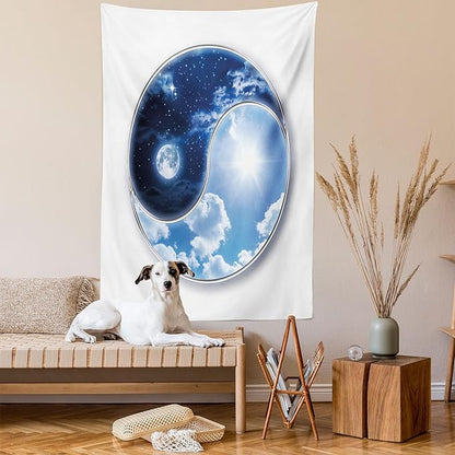 Ambesonne Space Tapestry, Yin Yang World Moon and Sun Harmony of the Universe Art Print, Wall Hanging for Bedroom Living Room Dorm Decor, 60" X 80", Navy Blue Sky Blue White