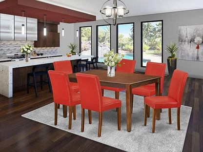East West Furniture CAAB7-MAH-72 7 Piece Kitchen Table & Chairs Set Consist of a Rectangle Dining Room Table and 6 Firebrick Red Faux Leather Upholstered Chairs, 36x60 Inch, Mahogany