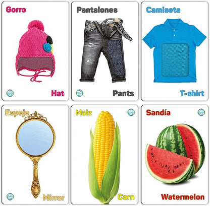 My Touch and Feel English Spanish Bilingual Picture Double Sided Sensory Flash Cards for Infant, Toddlers, Kids, Learn Animals, Fruits, Objects and Vehicles, Fun Learning and Educational Flashcards