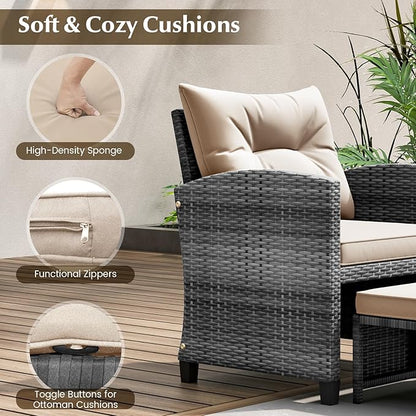 Tangkula 5 Pieces Patio Conversation Set, PE Wicker Rattan Outdoor Furniture Set with 2 Chairs, 2 Ottomans & Tempered Glass Coffee Table, Ideal for Poolside, Backyard, Lawn, Deck, Mix Grey & Beige