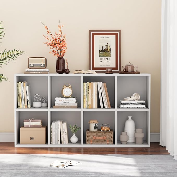 YESHOMY 8 Cube Bookcase, Open Frame 2-Tier Book Shelf, Bookshelf Storage Organizer with Adjustable Shelves for Organization, Room Decor, Milk White