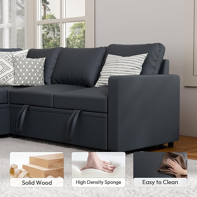 Sleeper Sofa Bed, Modular Sectional Couch with Pull Out Bed, L Shaped Sectional Convertible SofaBed with Storage Seat, for Living Room Apartment Bedroom Office Dark Gray Linen