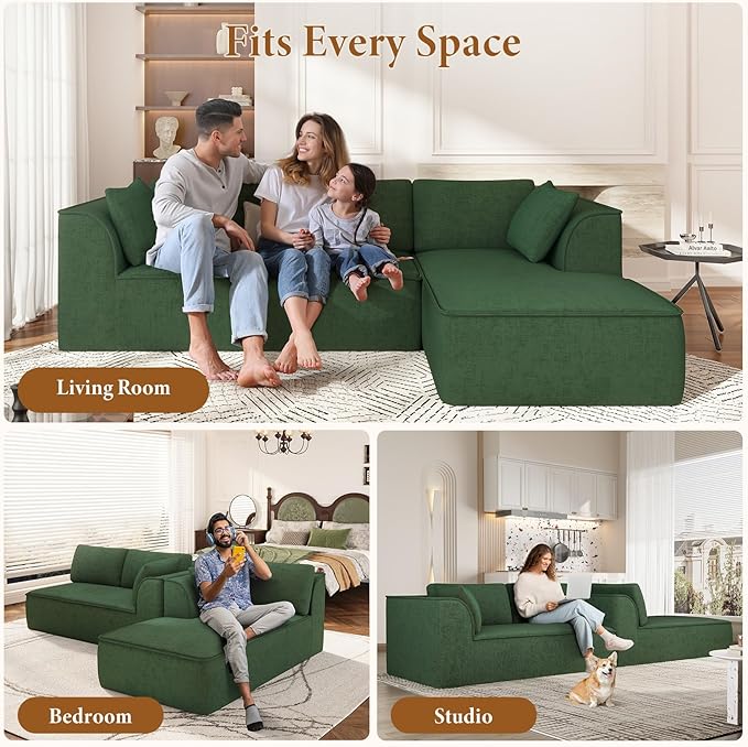Vesgantti 106" Cloud Sectional Couch with Chaise, Deep Seat Modular Sectional Sofa Chenille Memory Foam Sofa Boneless Couches for Living Room Bedroom, No Assembly Required (Green, Right-Facing Chaise)