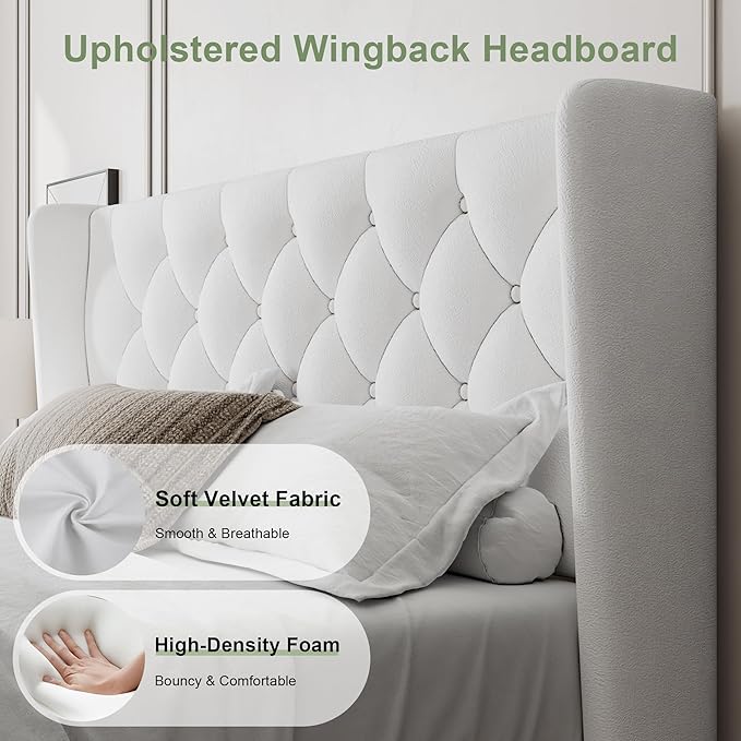 Feonase Queen Size Bed Frame with Diamond Tufted Wingback Headboard, Upholstered Platform Bed, Sturdy Wooden Slats Support, Noise-Free, No Box Spring Needed, Easy Assembly, White