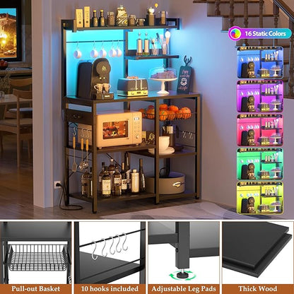 Aheaplus Bakers Rack with Power Outlet and LED Light Strings, Microwave Oven Stand Kitchen Storage Shelf with Wire Basket, Coffee Bar Station Island Table with 10 Hooks for Spices, Pots, Pans, Black
