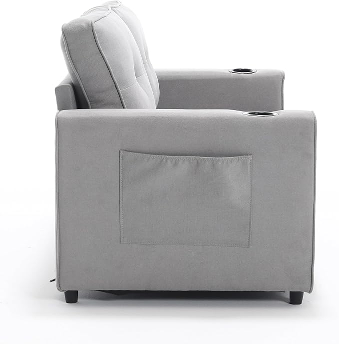 ERYE Modern Upholstered Loveseat Sofa Foldable Convertible Floor Sofabed W/Cupholders and Pockets, 3 Fold Tufted Futon Lounge Sofa with Pull Out Sleeper Couch Bed for Living Room Bedroom Studio