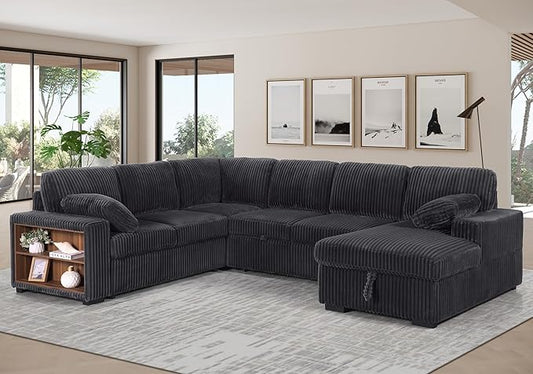 Eafurn Oversized U Shaped Convertible Sleeper Sectional Sofa w/Pull Out Couch Bed, 6 Seater Corduroy Upholstered Corner Lounge Sofa Couch Sleeper Sofabed w/Storage Chaise,Shelves