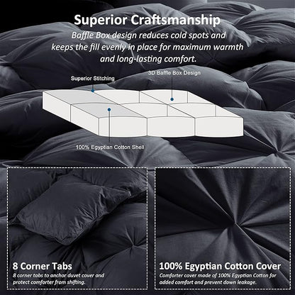 Luxurious All-Season Goose Down Feather Fiber Comforter Oversize Queen Duvet Insert (98x98), Exquisite Pinch Pleat Design- Black, Premium Baffle Box, 100% Egyptian Cotton Cover, 70 oz. Fill Weight