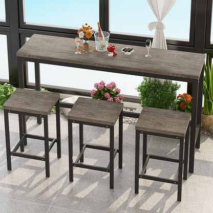 KEIKI 60.24” Long Bar High Top Dining Table and 3 Stools Chairs Set, Wood Behind Couch Sofa Counter Height Pub Furniture for Breakfast, Kitchen Living Party Room, Brown Grey