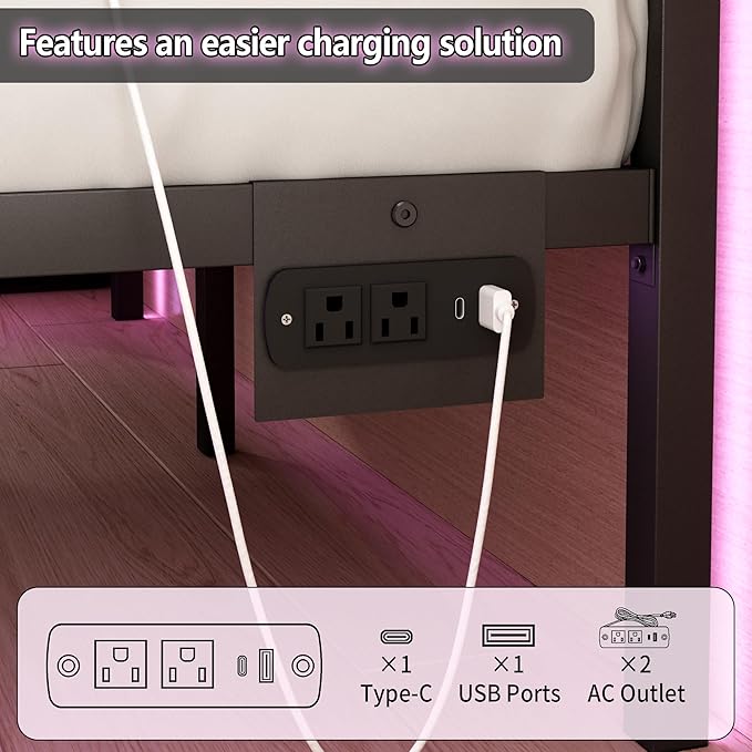 Twin Bed Frame with Headboard,Heavy Duty LED Bed Frame with USB Charging Station,Mattress Foundation-Under Bed Storage, No Box Spring Needed, Noise Free，Black
