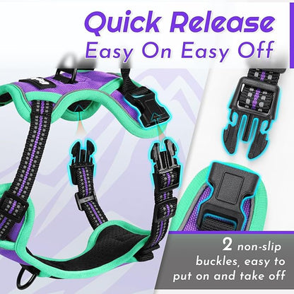 Eagloo Small Dog Harness No Pull, Service Vest with Reflective Strips and Control Handle, Adjustable and Comfortable for Walking, No Choke Pet Harness with 2 Metal Rings, Purple & Green, XS