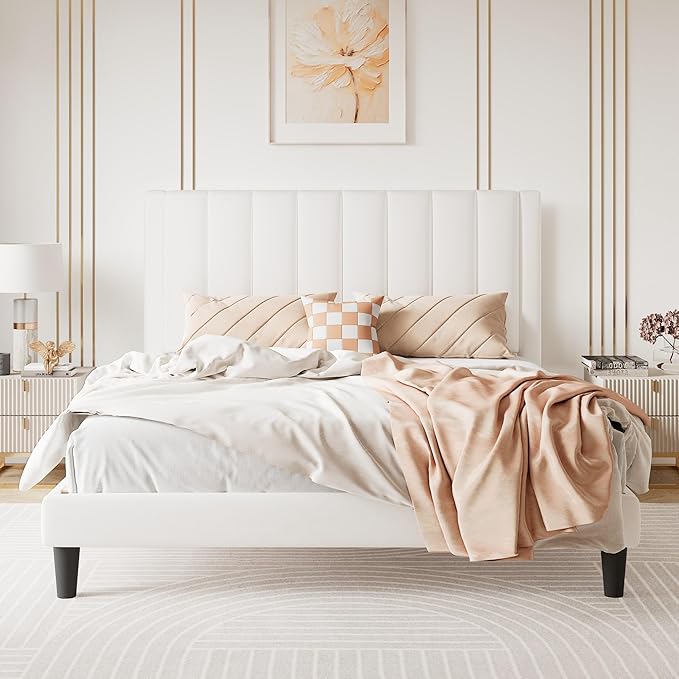 SHA CERLIN Queen Bed Frame/Velvet Upholstered Platform Bed Frame with Headboard/Strong Wood Slats Support/Mattress Foundation/No Box Spring Needed/Easy Assembly/White
