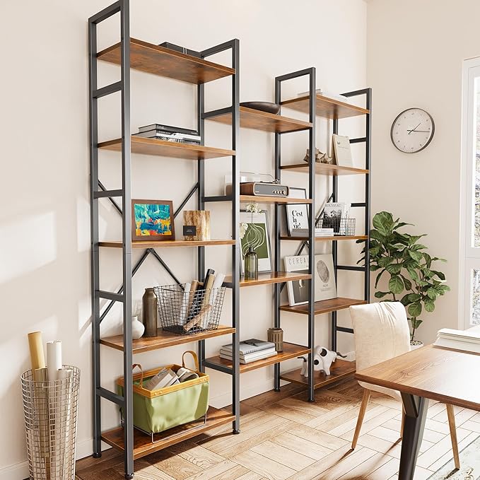 SUPERJARE Triple 5 Tier Bookshelf, Bookcase with 14 Open Display Shelves, Wide Book Shelf Book Case for Home & Office, Rustic Brown