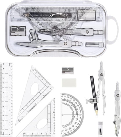 10 Pieces Math Geometry Kit Set Student Supplies with Shatterproof Storage Box,Includes Rulers,Protractor,Compass,Eraser,Pencil Sharpener,Lead Refills,Pencil,for School and Drawings（Grey）