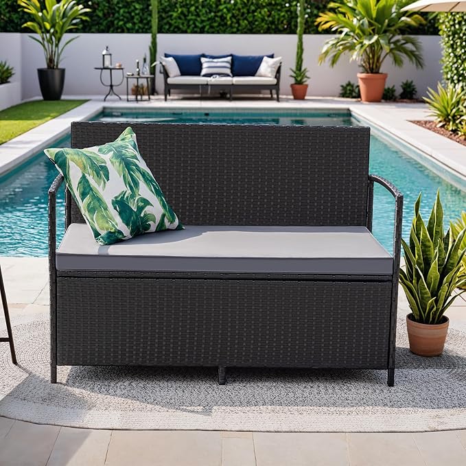 Greesum Patio Loveseat PE Rattan Wicker Outdoor Furniture with Soft Cushions & Built-in Storage Space for Lawn Garden Backyard, Black