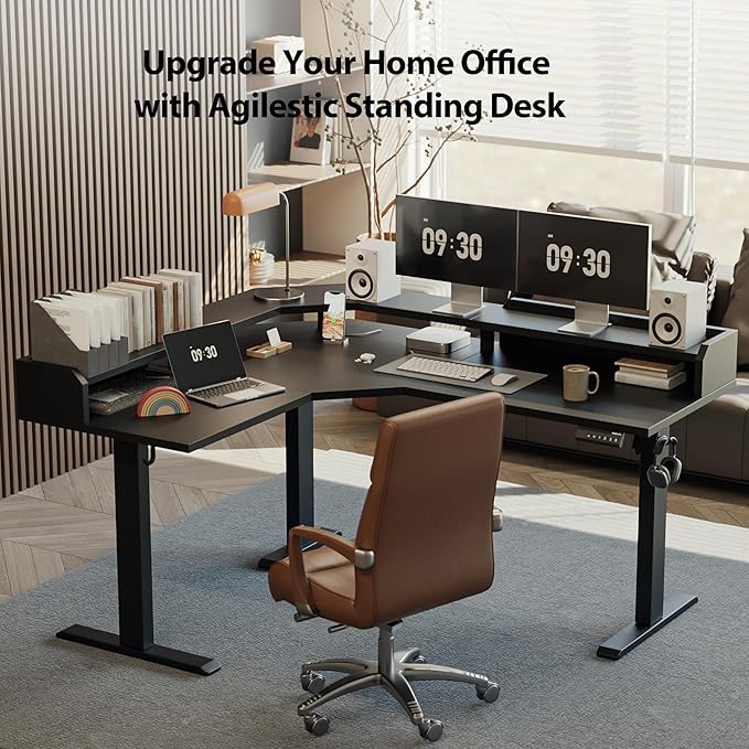 Agilestic L Shaped Standing Desk, Adjustable Height Corner Gaming Desk with Shelf, Sit Stand Up Desk, 63 x 55 Inch Home Office Computer Table, Black