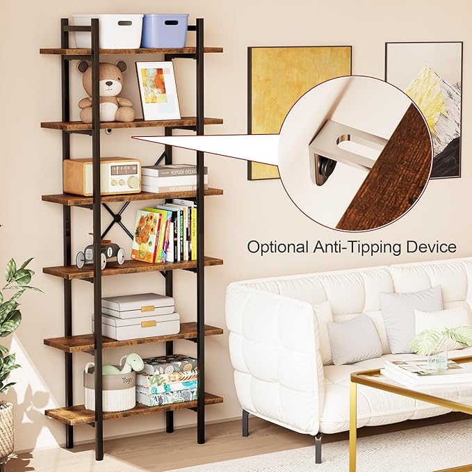 6 Tiers Bookshelf Organizer Industrial Shelf,Modern Open Display Storage Bookcase,Rustic Brown and Metal Bookshelf Standing Storage Shelf Tall Shelving Units for Home Office Study