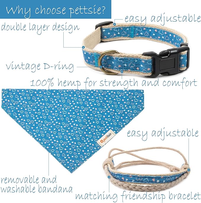 Pettsie Adjustable Dog Bandana Collar with Matching Owner Friendship Bracelet – Soft & Durable Hemp, Stylish Removable Scarf for Dogs, Gift-Ready Set for Pet Lovers, Large, Blue