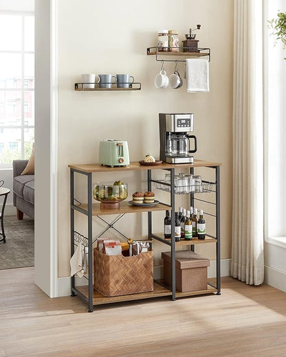 VASAGLE ALINRU Kitchen Baker’s Rack, Coffee Bar, Microwave Oven Stand, with Steel Frame, Wire Basket, 6 Hooks, for Mini Oven, Spices Utensils, Industrial, Rustic Walnut and Black UKKS090B41