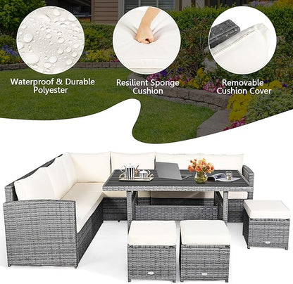 HAPPYGRILL 7 Pieces Rattan Wicker Patio Conversation Set, Outdoor Patio Furniture Set with Cushions, Rattan Sofa Set with Dining Table & Ottomans for Poolside Backyard Balcony Garden (Beige)