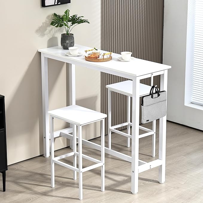 Finnhomy 47" Industrial Bar Table Set with 2 Stools - Counter Height Dining & Pub Table for Small Spaces, Kitchen, Apartment, Breakfast Nook - Metal & Wood, Space-Saving Furniture - White