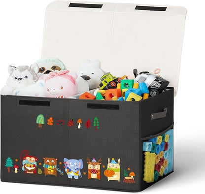 80L Large Toy Storage Box with Lid, Large Toy Box Chest for Kids, Girls and Boys, Nursery Room and Living Room, 26"x13" x16" (black-animal)
