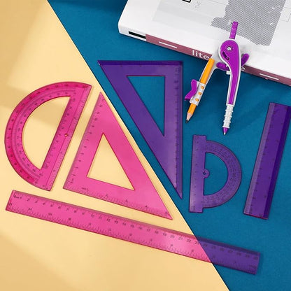 Zonon 1 Set Plastic Geometry Math Set 7 Pcs Includes 6'' / 4 '' Protractor, Drawing Compass, 45/60 Degree Triangle Rulers, 12'' / 6'' Math Ruler Transparent for Office Supplies(Purple)