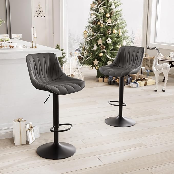 YOUNIKE Bar Stools Set of 2 for Kitchen Island, Black Swivel Tall Bar Stools, Adjustable Barstools with Back, Faux Leather Padded Stools, Modern Counter Height Bar Chairs with 300LBS Support