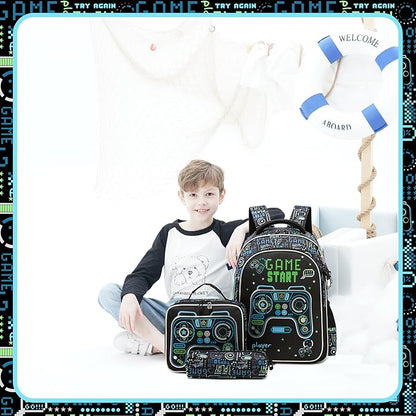 Game School Backpack for Boys Backpacks Ages 8-10 with Lunch Box Set Black Bookbag for Boys Backpack for Kids Backpacks Lightweight Elementary Back to School Supplies Kit
