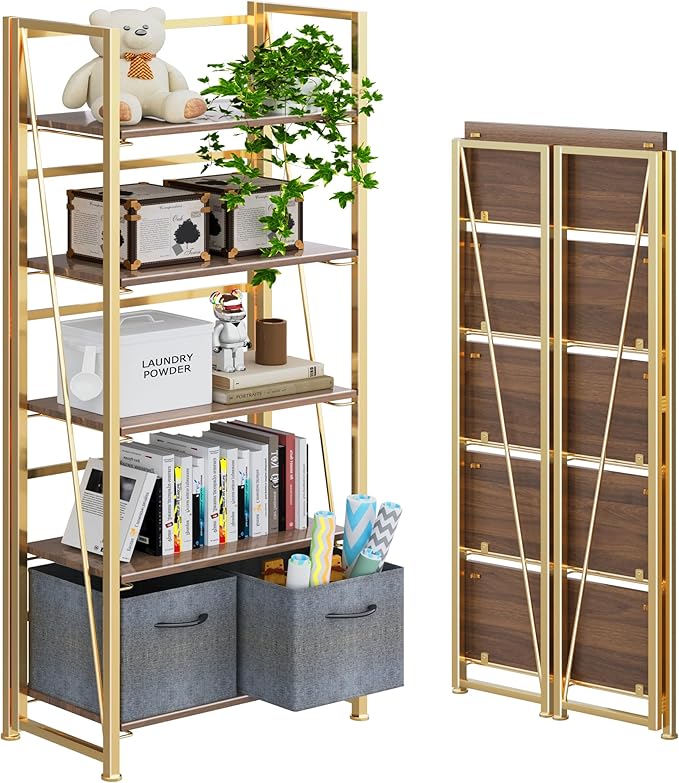 4NM No Assembly Folding Bookshelf, 5-Shelf 62.2" H Collapsible Foldable Bookcase Storage for Small Spaces, Brown and Golden