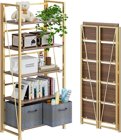 4NM No Assembly Folding Bookshelf, 5-Shelf 62.2" H Collapsible Foldable Bookcase Storage for Small Spaces, Brown and Golden