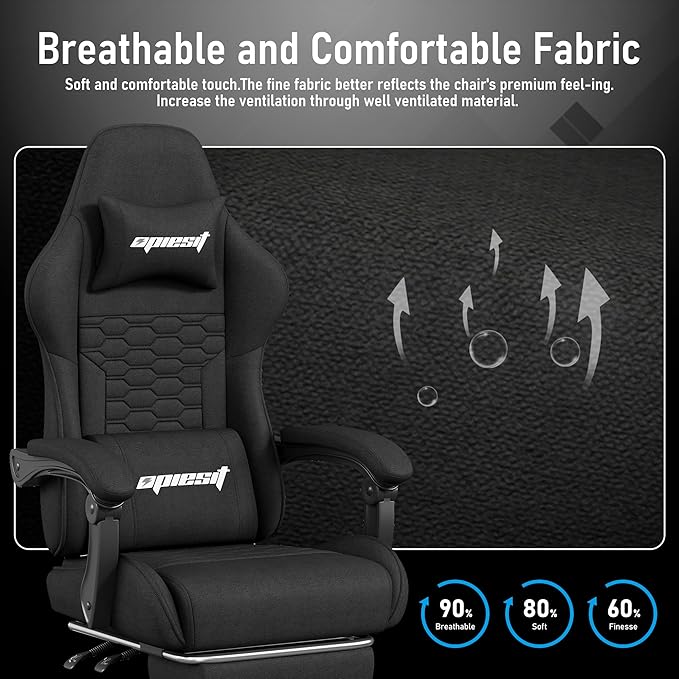 Gaming Chair, Computer Chairs for Adults with Lumbar Support and Massager, Comfortable Gamer Chair with Footrest & Pocket Spring Cushion, Ergonomic Home Office Chair, Black, Fabric