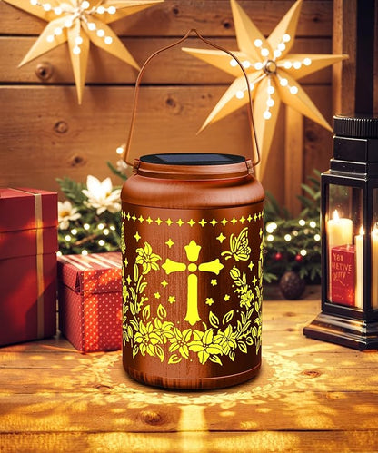 Solar Lanterns Outdoor Waterproof Decorative Garden Solar Lights Outdoor,Hanging Hollow Out Metal Ornaments Decor for Outside Lawn,Patio,Balcony,Yard Unique Gifts for Women Christian Cross