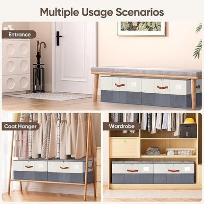 Shoe Organizer for Closet, 1 Pack Shoe Storage Container with Adjustable Dividers, Space Saving Shoe Box Storage Organizer Bin with Clear Lid and 4 Handles, Fits 12-24 Pairs, Beige & Grey