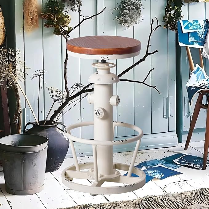 Topower Aged Antique Industrial Round Bottom Adjustable Height Cafe Coffee Retro Vintage Stylish Water Pipe Design Pub Kitchen Bar Stool (Antique White, Wooden Top)