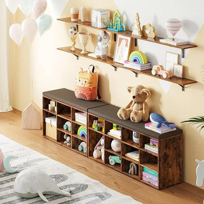 DINZI LVJ Shoe Storage Bench with Cushion, Cubby Shoe Rack with 12 Cubbies, Adjustable Shelves, Multifunctional Shoe Organizer Bench for Entryway, Mudroom, Hallway, Closet and Garage, Rustic Brown