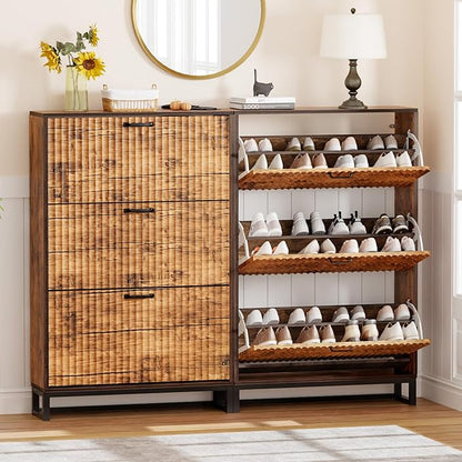 Nicetree Shoe Cabinet Storage for Entryway- Modern Fluted Shoe Organizer 3 Flip Drawers & 3-Tier Adjustable Shelves, Farmhouse Modern Rustic Shoe Rack with Metal Legs for Hallway Foyer Brown