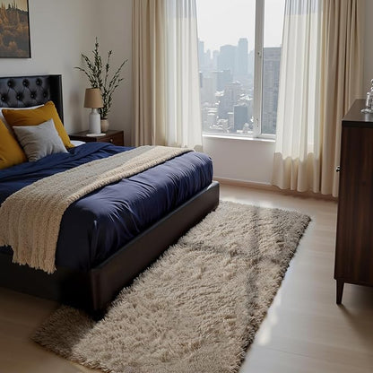 Soft Runner Rugs for Bedroom, Beige 3x7 Area Rugs Fluffy Rug Shaggy Area Rug Carpet, Bedside Rug for Living Room Bedroom Kids Room Home Decor