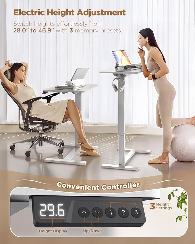 Electric Adjustable Height Standing Desk - Small Sit Stand Portable Rolling Laptop Table with Hidden Wheels, Small Computer Workstation for Bedside & Home Office Use (24"x16", White)